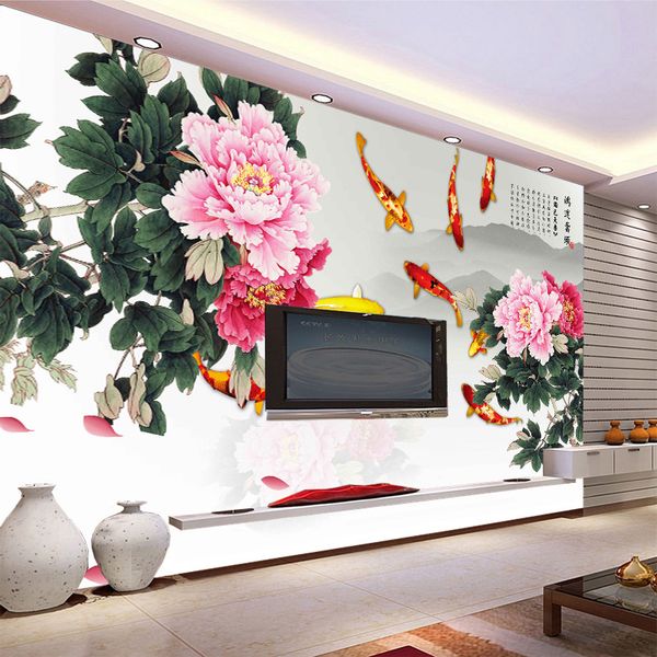 

chinese peony national fragrance nine fish figure mural wallpaper living room sofa wall bedroom tv background wall wallpaper