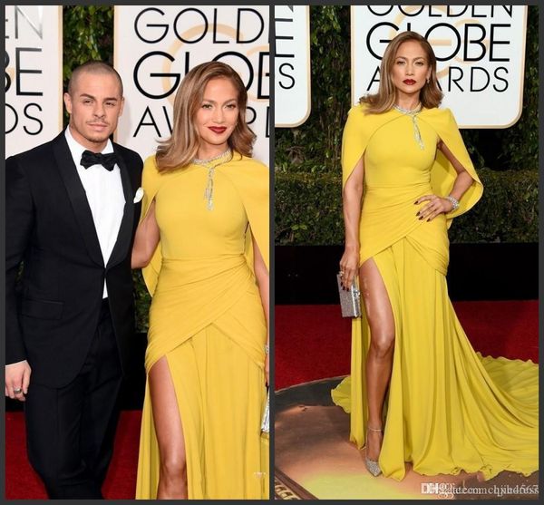 

new the 73rd golden globe awards celebrity dresses yellow mermaid split side evening dresses high neck shawl red carpet formal prom dress 34, Black