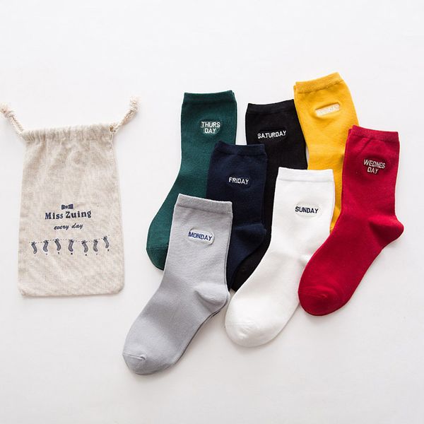 

women socks autumn winter 7 pairs long socks girls cotton casual solid color novelty women fashion week winter, Black;white