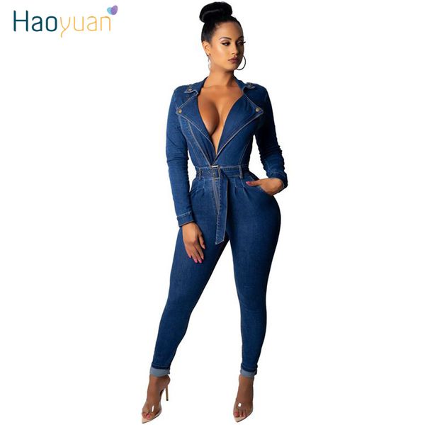 Haoyuan seksi denim tulum yüksek streç kıyafetler kulüp tulumlar uzun kollu bodycon kot pantolonlar kadın tulum