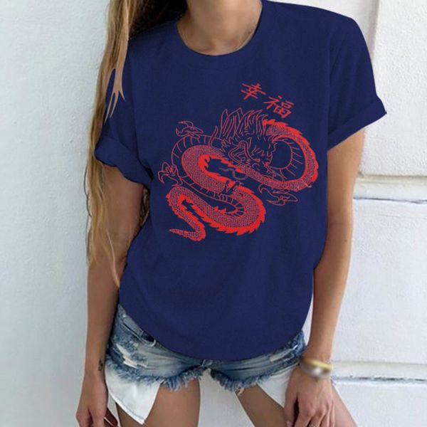 

street beach loose crew neck pullover summer dragon printing adults travel crimping casual women t shirt short sleeve home, White