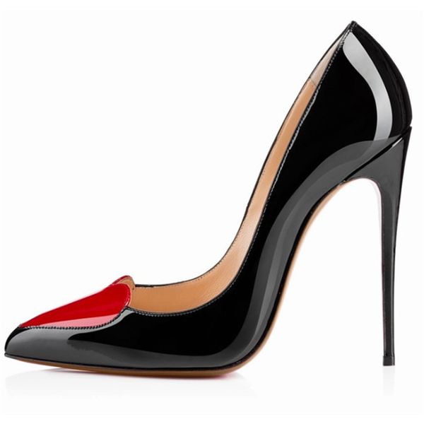 

sweet red heart patchwork patent leather women pumps slip on pointed toe party wedding stilettos heels shoes big size eu43, Black
