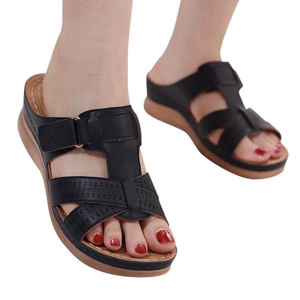 

2019 flip flop sandals for women suwomen summer open toe hook loop comfy sandals casual wedges non-slip slippers women slippers, Black