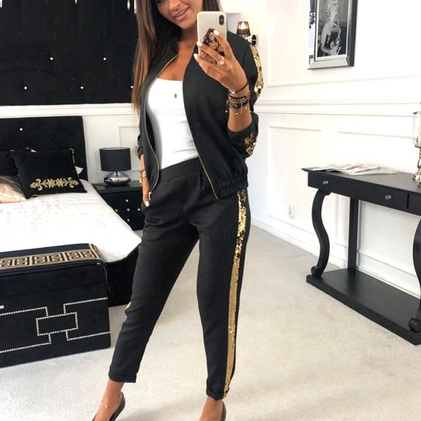

2019 full sleeve patchwork autumn winter tracksuit women set outfit sequin two pieces suits casual overalls zip drop, White