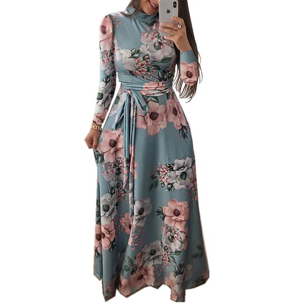 

autumn women elegant vintage long dress floral print long sleeve female casual vestidos maxi tunic bandage dresses femme robe, Black;gray