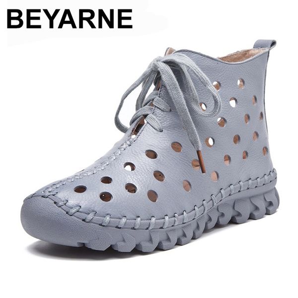 

beyarne new design summer women boots soft genuine leather ankle boots for women casual shoes breathable hollow cool woma, Black