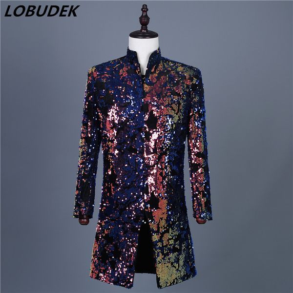 

men colorful flipping sequins suit jacket stage costume 2019 new male slim long coat nightclub bar dj singer presenter tuxedo, White;black