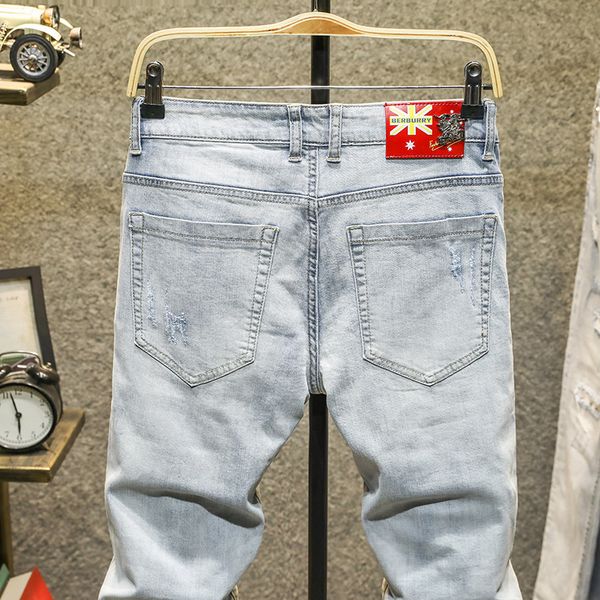

mens designer thin worn jeans light color slim stretch long pants nightclub fashion, Blue