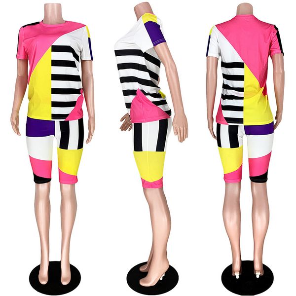 

women stripes patchwork tracksuit summer shorts sets two piece outfits geometric striped t-shirt + shorts pants sportwear cz628, White