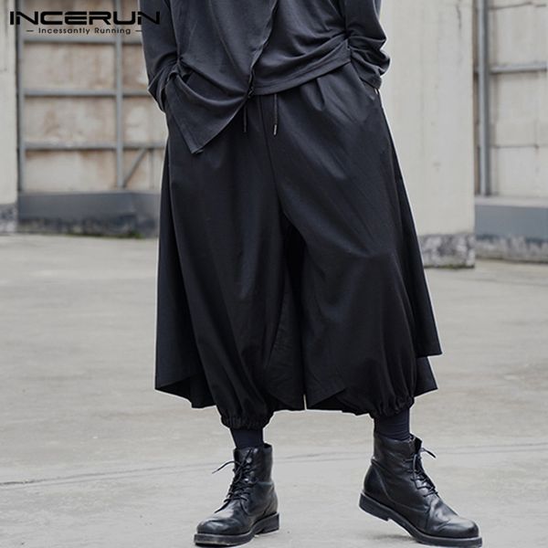 

incerun punk men pants solid drawstring streetwear 2020 pantalon loose fashion joggers casual personality skirts trousers men, Black
