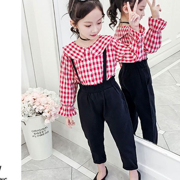 

clothes for girls plaid shirt & jumpsuit suit for girls flare sleeve clothes set autumn casual suit new year, White