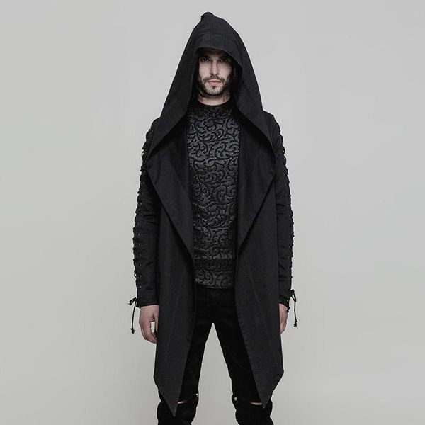

men's trench coats punk rave goth lace-up drawstring sleeve high/low hooded coat y-879, Tan;black