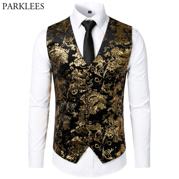 

men's vests men jacquard floral vest luxury shiny bronzing suit nightclub party dress casual mens wedding waistcoat gilet, Black;white