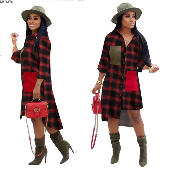 

cm.yaya 2020 new winter shirt dress turn down collar full sleeve plaid print irregular fashion office lady loose dresses 1099, Black;gray