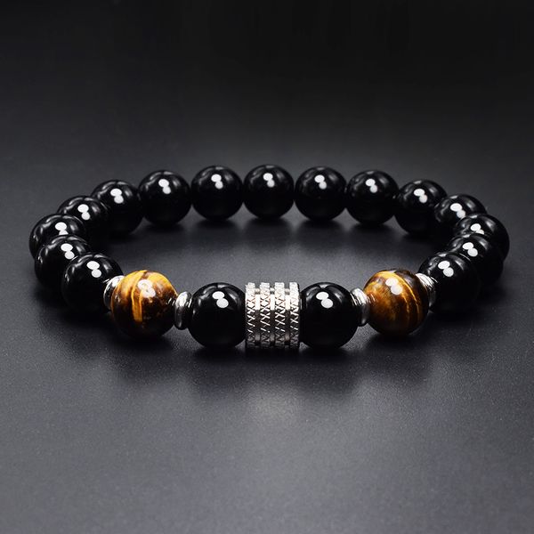 

10mm natural black stone beaded bracelet men charm siver copper tiger eye bracelets bangles for women yoga jewelry