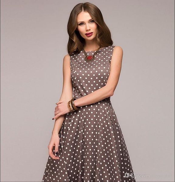 

плюс размер платья vintage платье 2019 лето новый рукавов o-образным вырезом vestidos женщин элегантный тонкий точка печати mid-теленок случ, Black;gray