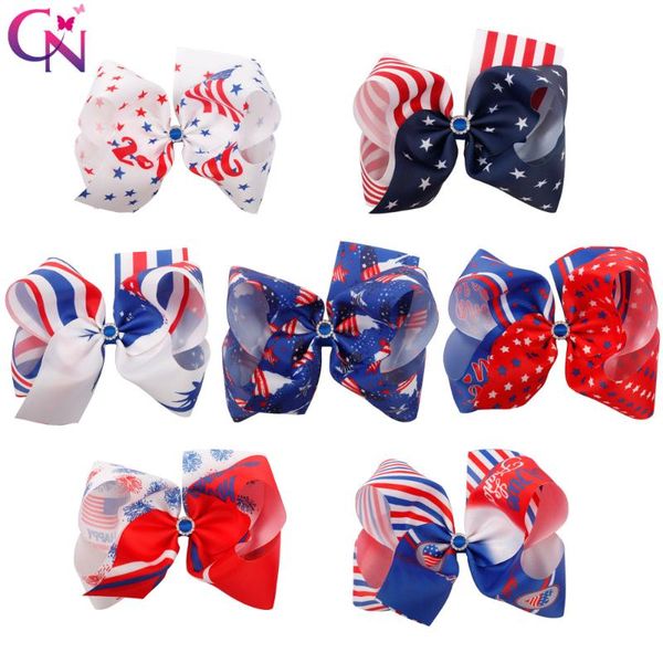 

cn 7 шт. / лот 8" большой 4 июля волосы банты с зажимы для девочек дети полоса день независимости зажим для волос фестиваль аксессуары, Slivery;white