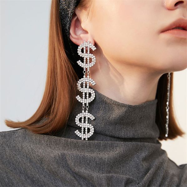 

novelty super shiny rhinestone dollar charms dangle earrings for women luxury fashion jewelry party statement earrings accessories, Golden;silver