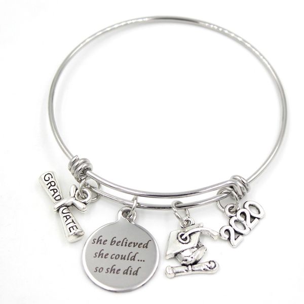 

wholesale graduation gift stainless steel bracelet wire adjustable expandble bangle graduation charm bracelets graudaters gift, Golden;silver