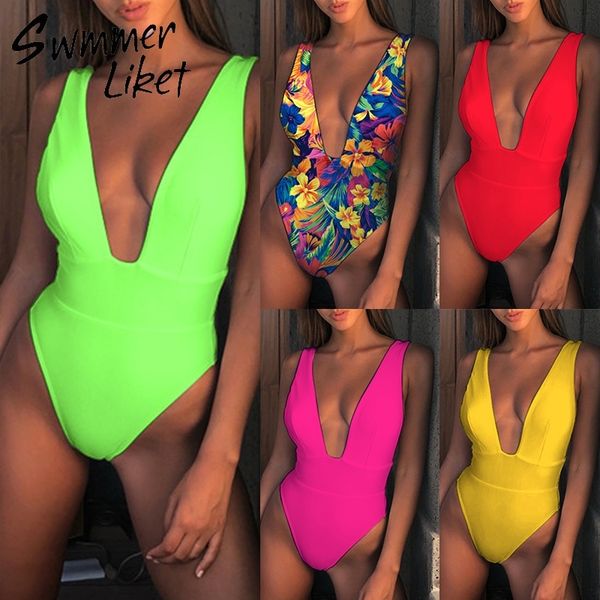 

deep v-neck female swimsuit one piece monokini high cut bikini green neon biquini floral print swimwear women 2019 summer, White;black