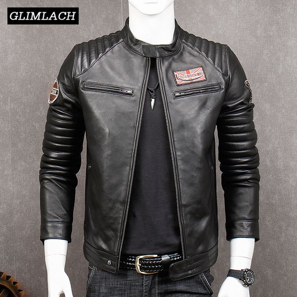 

men's real leather motorcycle jacket autumn men slim stand collar biker coats genuine leather jackets fashion sheepskin coat new, Black