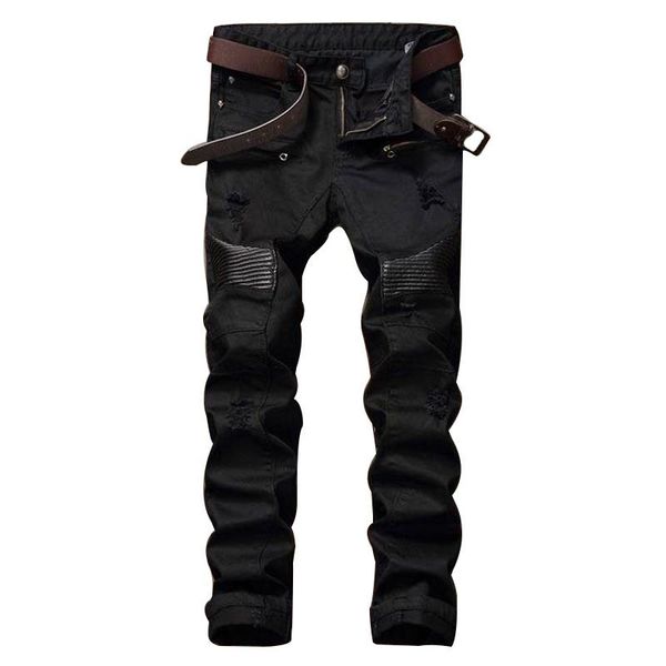 

fashion designer mens ripped biker jeans lear patchwork fit black moto denim joggers for male distressed jeans pants, Blue