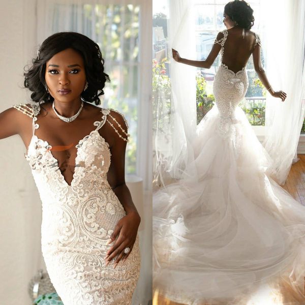 

black girls mermaid wedding dresses 2020 lace appliques spaghetti straps bridal gowns backless african vestido de novia, White