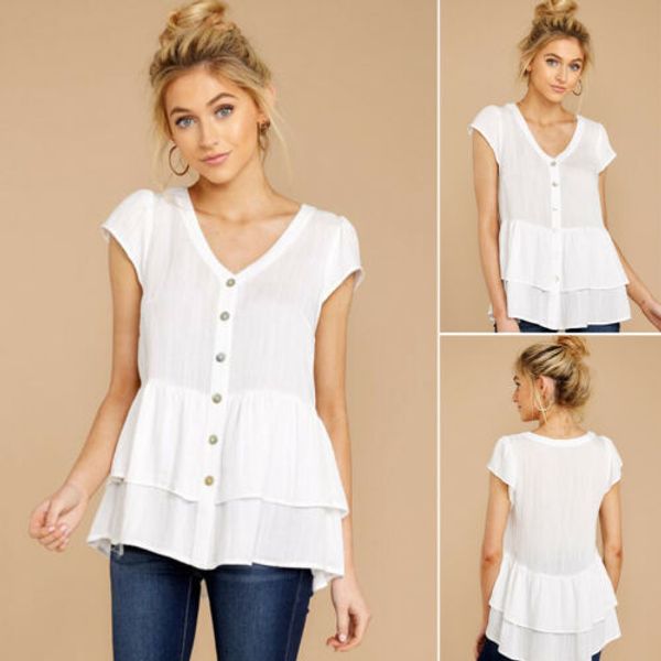 

casual button cotton women ladies fashion summer sweet short sleeve t-shirt blouse tee top, White