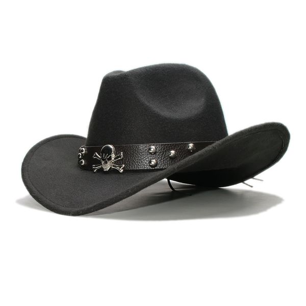 

retro skull leather band parent-child /kid wool wide brim cowboy western hat cowgirl bowler cap (57cm/54cm, Blue;gray