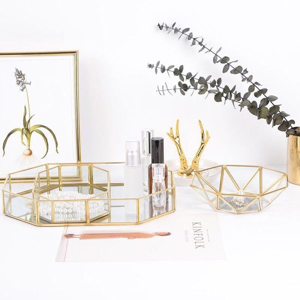 

retro brass storage tray golden polygon glass makeup organizer tray dessert snack plate jewelry display stand home kitchen decor