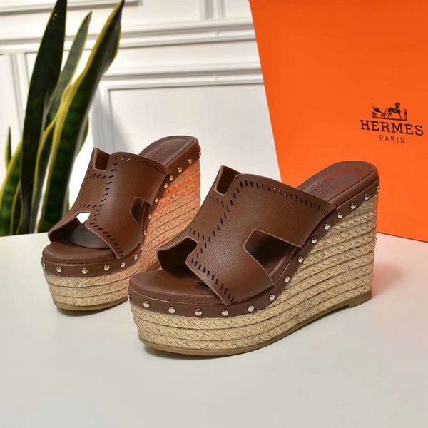 

new high-end brand summer ladies straw wedges slippers quality leather flat women's sandals casual shoes 35-40 yards ing, Black