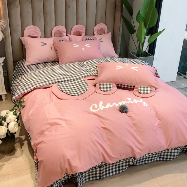 

new cute cartoon ears embroidery cotton girl child bedding set pink white duvet cover lattice bed sheet/linen pillowcases