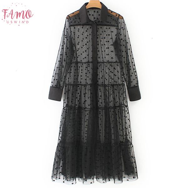 

fashion 2019 women polka dot tulle semi sheer dress female collar long sleeve a line long dress summer plus size, Black;gray