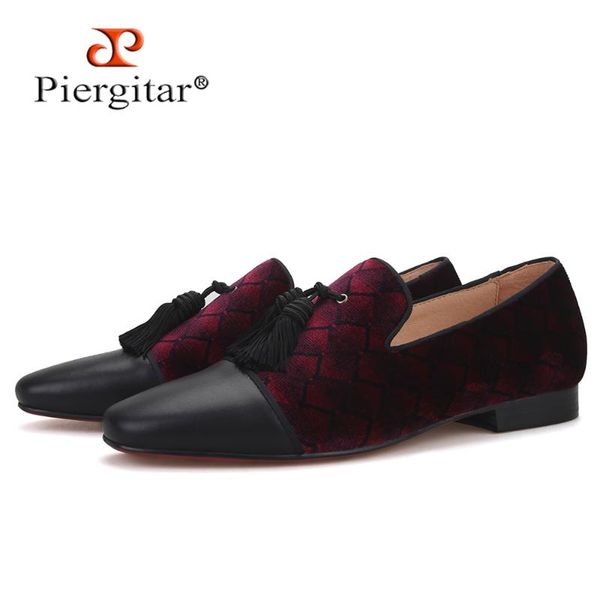 

piergitar 2020 new design fuchsia plaid velvet men tassel shoes handmade men's loafers for party and prom red bottom plus size, Black