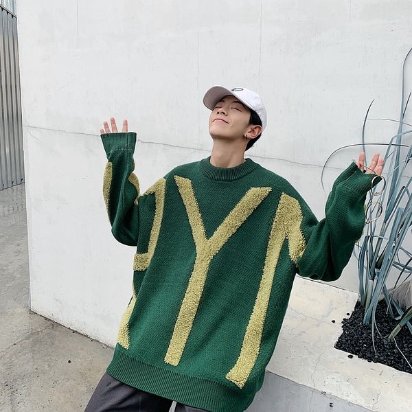 

2019 autumn and winter thickening new loose personality letter printing towel embroidery set trend wild knitted casual sweater, White;black