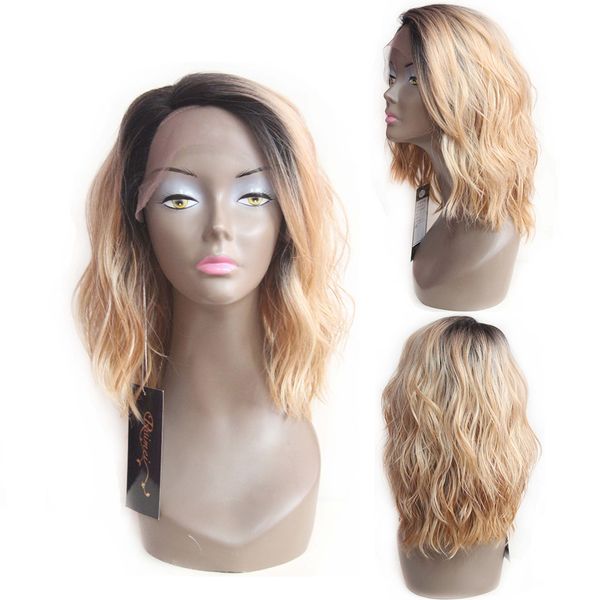 

natural wave short bob wigs for black women ombre brown blonde color side part 12'' synthetic lace front wigs for women, Black;brown