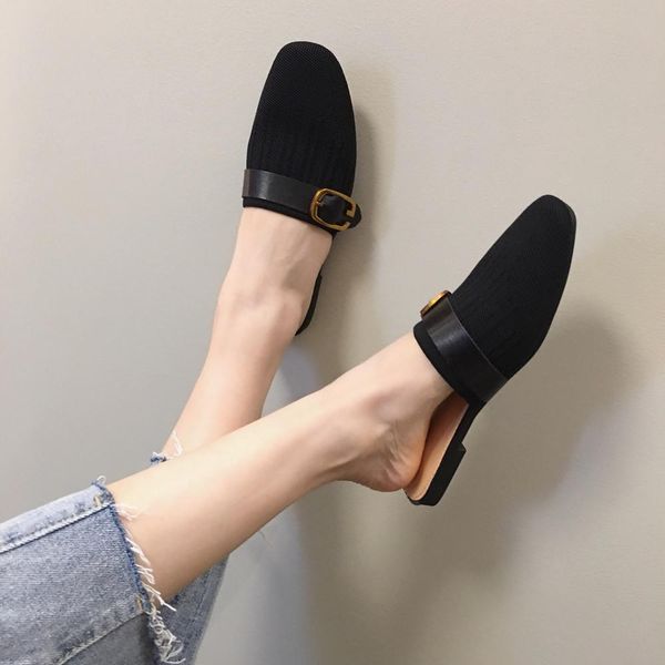 

slip on mules weaving breathable women slippers summer outdoor elegant women shoes fashion flat heels slippers, Black