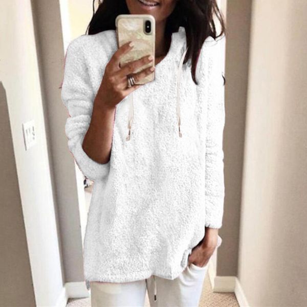 

pullover fuzzy winter women hooded sweatshirts elegant lady street style warm wool hoody sweatshirt with pockets outwear mujer, Black