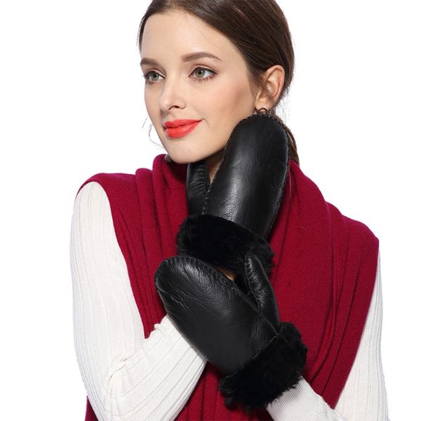 

women gloves winter wool genuine leather gloves ladies fur mittens thicken warm cute sheepskin fur outdoor guantes mujer, Blue;gray