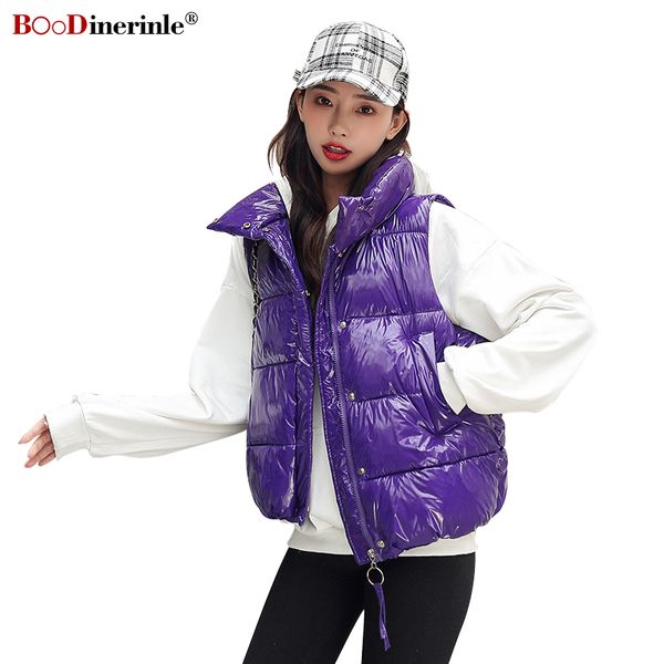 

boodinerinle winter jacket women purple sleeveless glossy puffer jacket vest autumn slim warm short down cotton waistcoat vest, Black;brown