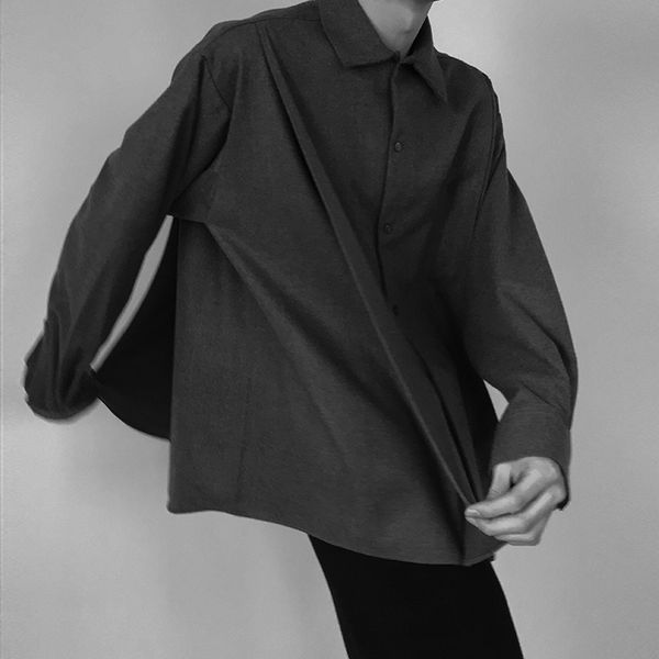 

2020 spring and autumn new youth popular solid color lapel woolen long-sleeved shirt fashion casual wild loose shirt gray /black, White;black