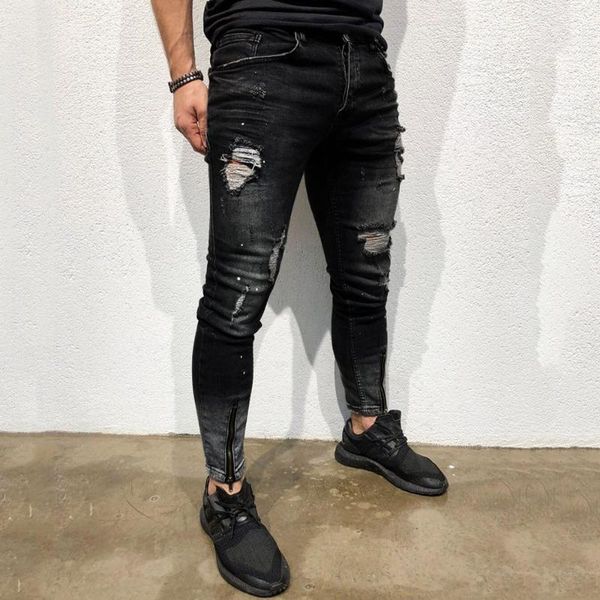 

fahsion men korean stretchy ripped skinny biker jeans destroyed hole taped slim fit denim scratched jean 2020 #t2g, Black