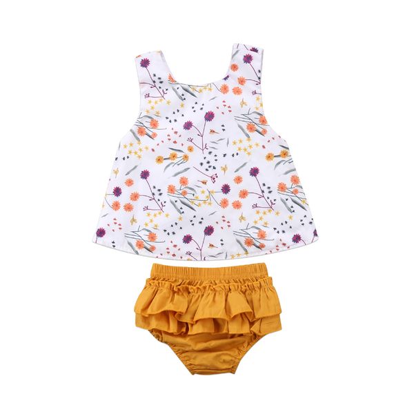 

new fashion toddler kids baby girls outfit clothes sleeveless print floral t-shirt +tutu pants shorts set, White