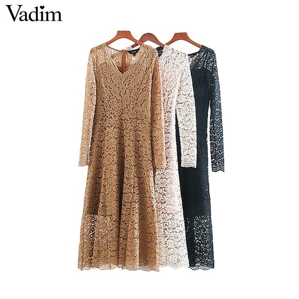 

vadim women fashion lace midi dress v neck long sleeve back zipper a line female elegant mid calf dresses vestidos qd190, Black;gray