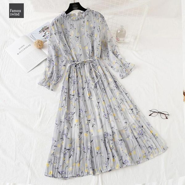 

women long dress 2019 spring summer vintage dresses floral print pleated chiffon dress long sleeve loose plus size vestidos, Black;gray