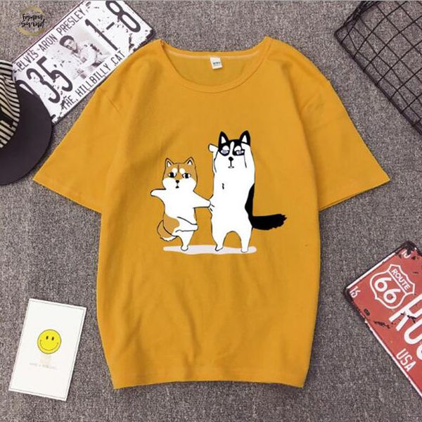 

cute dancing dogs print t shirt women spring summer o neck cotton spandex women tees casual female petal sleeve t shirt, White