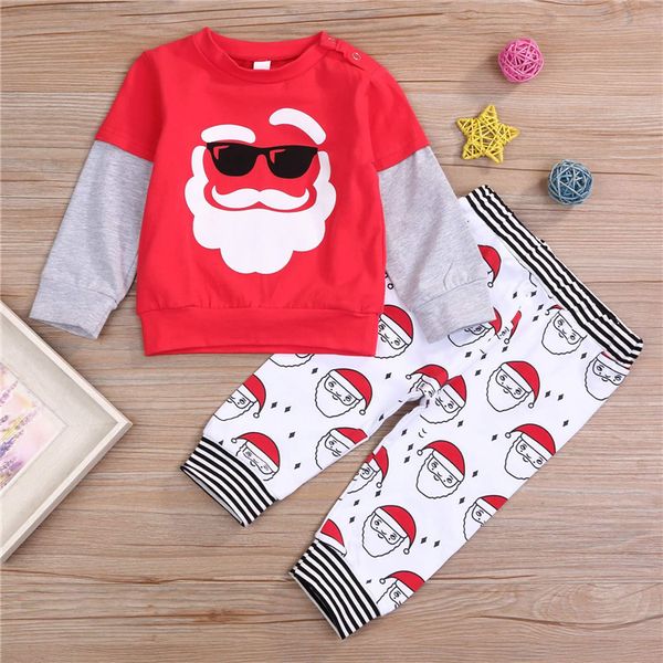 

new christmas kids clothes suit boy's long sleeve cartoon printed t-shirt santa claus stripe pants two piece set mjy788, White