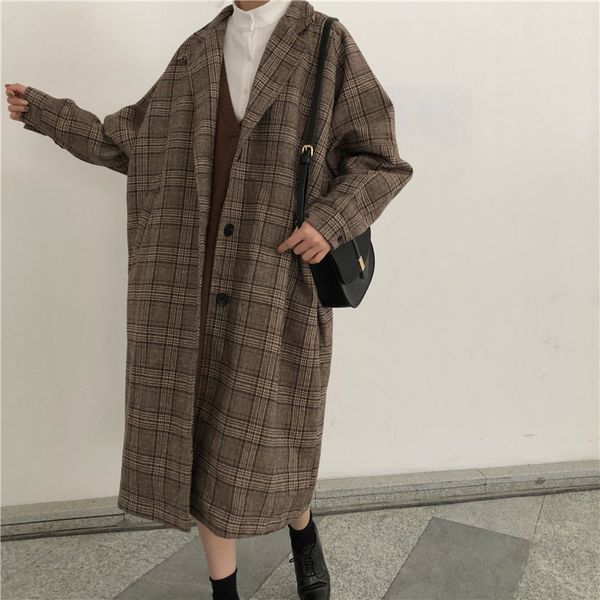 

autumn winter women's wool plaid coat new fashion long woolen coat loose female winter wool jackets female outw abrigo mujer, Black