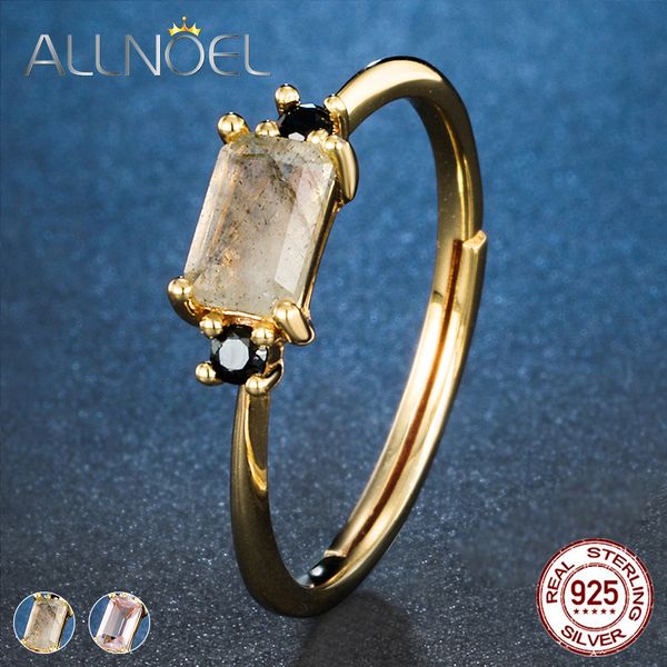 ALLNOEL 925 Prata Anéis ajustáveis ​​para as Mulheres Natural Rose Quartz Labradorite Gemstone femme Engagement Ring set Fine Jewelry CJ191230