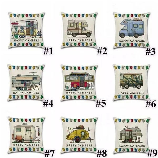 Hot Sale 20 Styles 45 45cm Happy Campers Cushion Cover Linen